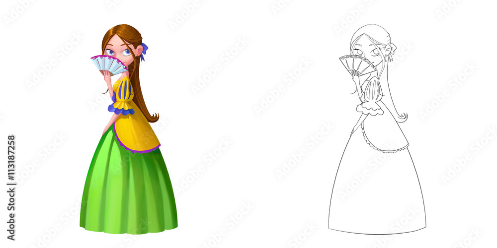 Coloring Book and Princess Girl Character Design Set 8 Smart Maiden Palace Princess Blush with Fan isolated on White Background Realistic Fantastic Cartoon Style Character Story Card Sticker Design