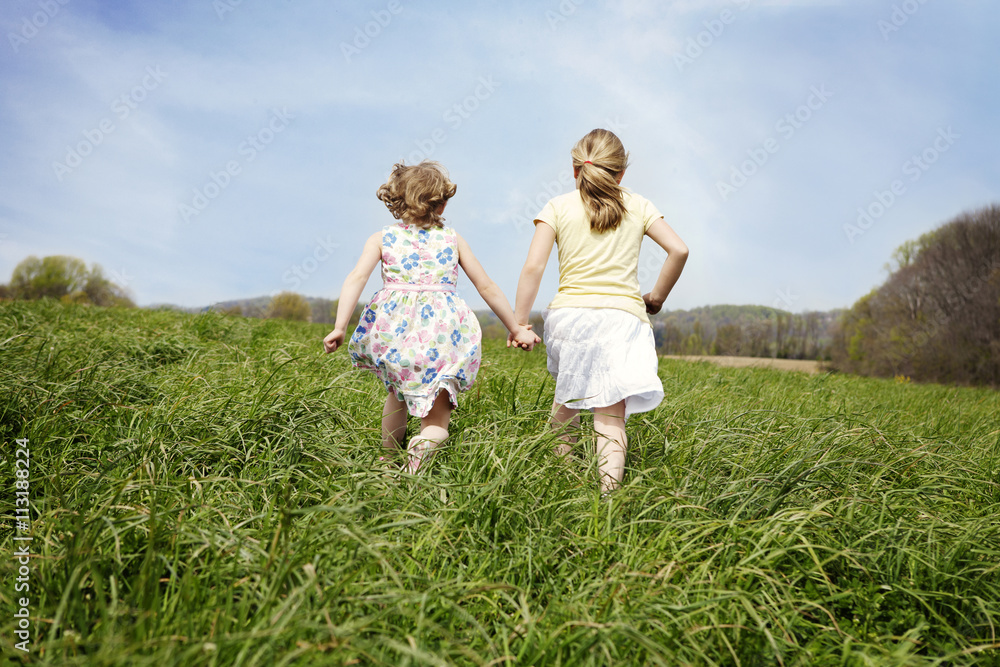 Rear view of sisters running in field Rear view of sisters running in field