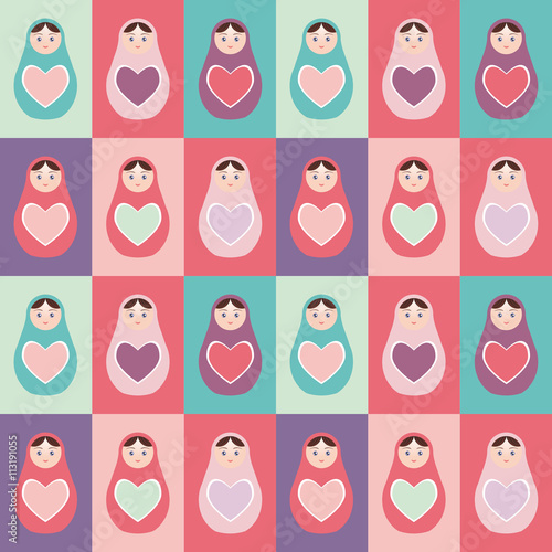 Seamless pattern pink, purple, orange, teal Russian dolls matryoshka background with heart. Vector