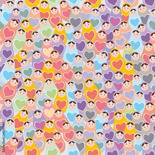Seamless pattern pink, purple, orange, blue Russian dolls matryoshka background. Vector