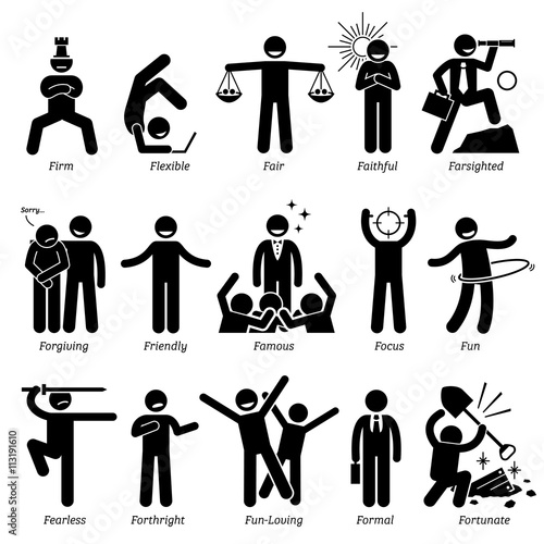 Positive Personalities Character Traits. Stick Figures Man Icons. Starting with the Alphabet F.