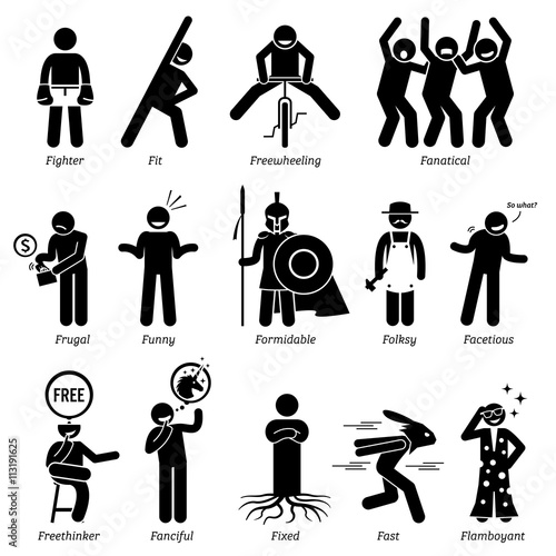 Neutral Personalities Character Traits. Stick Figures Man Icons. Starting with the Alphabet F.