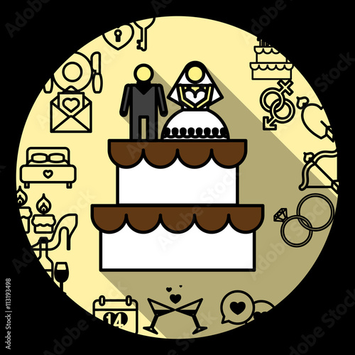 Wedding Cake with Bride and Groom Figurines. Vector illustration