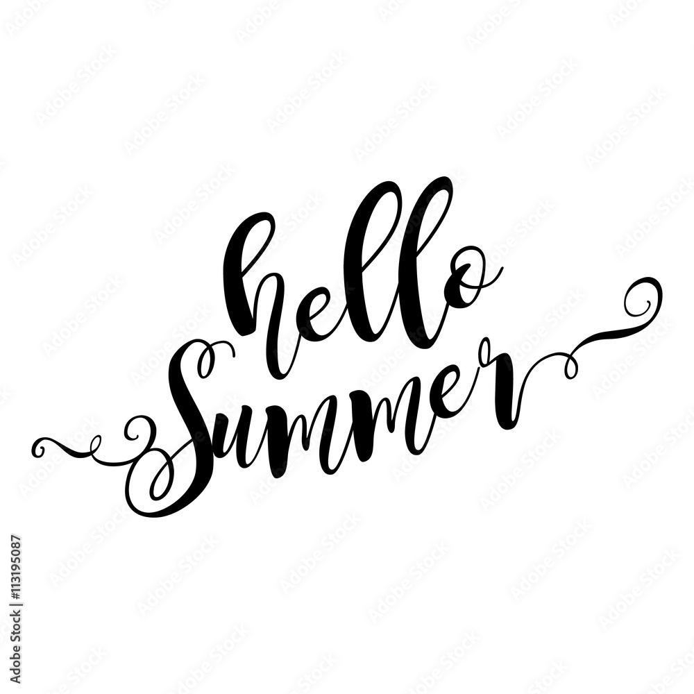 Hello Summer. Beautiful greeting card poster with calligraphy black text word. Hand drawn design elements. Handwritten modern brush lettering on a white background isolated. Vector illustration EPS 10