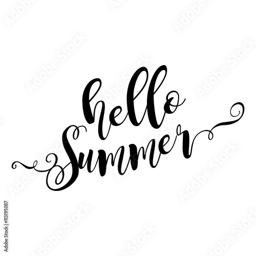 Hello Summer. Beautiful greeting card poster with calligraphy black text word. Hand drawn design elements. Handwritten modern brush lettering on a white background isolated. Vector illustration EPS 10