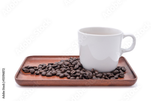 Coffee cup and beans on wooden tray isolate on white background