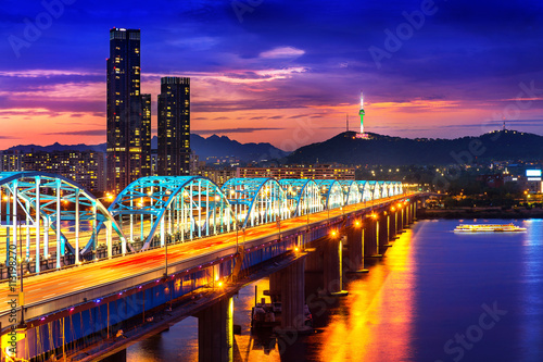 View of downtown cityscape at Dongjak Bridge and Seoul tower ove