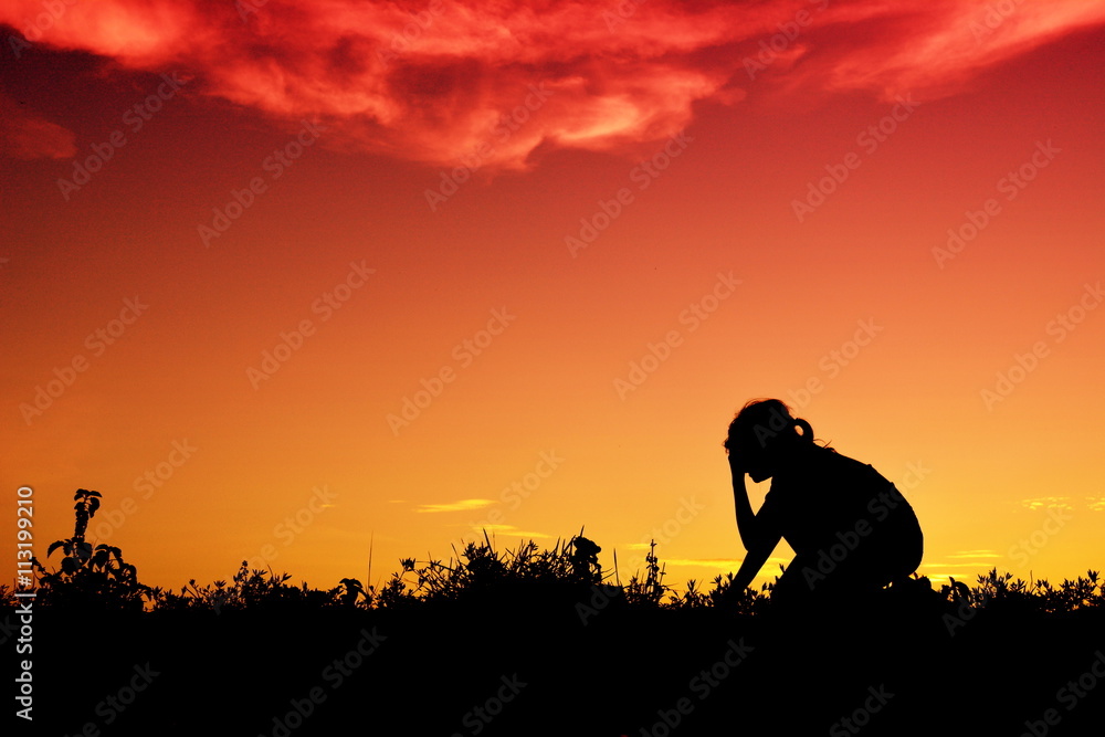 Silhouette sad girl at sunset Stock Photo | Adobe Stock