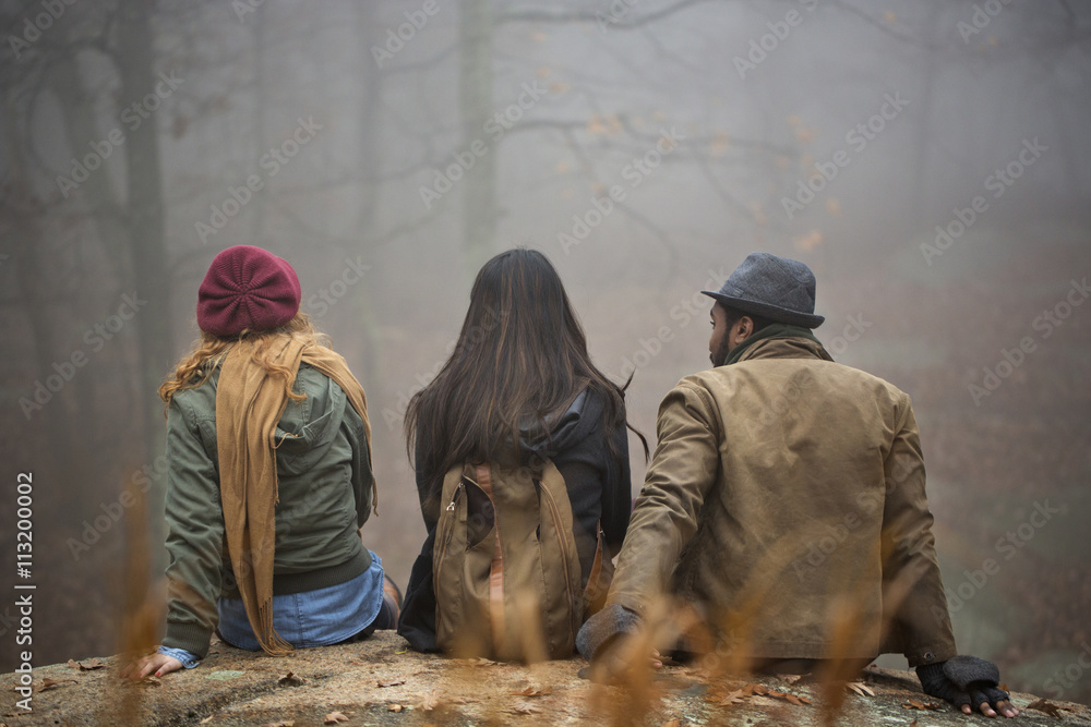 Rear view of friends sitting on rock in forest Rear view of friends sitting on rock in forest