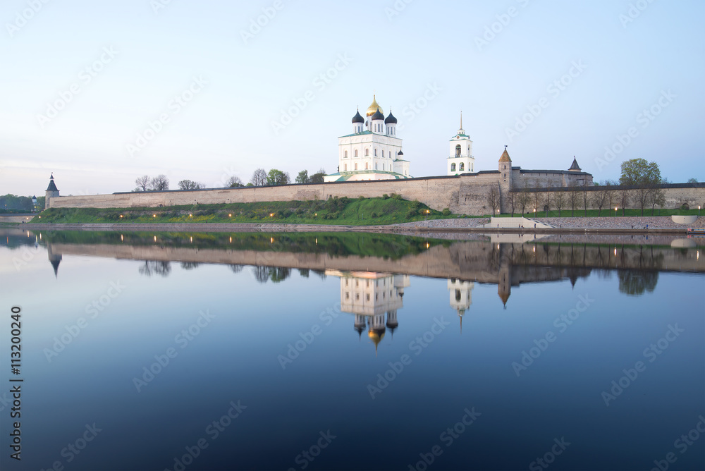 Pskov Kremlin in the may twilight from the side of the Great river. Russia