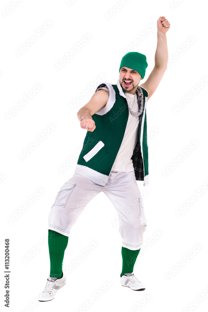 friendly man dressed like a funny gnome dancing Isolated on white