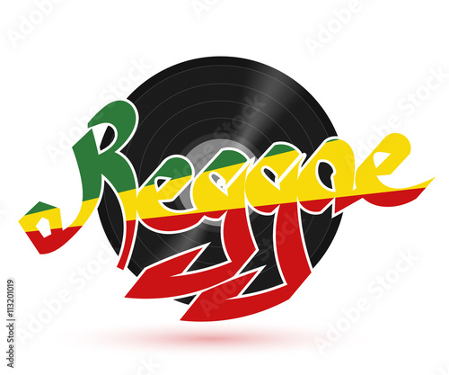 The record reggae music. Musical plastic plate with the word REG