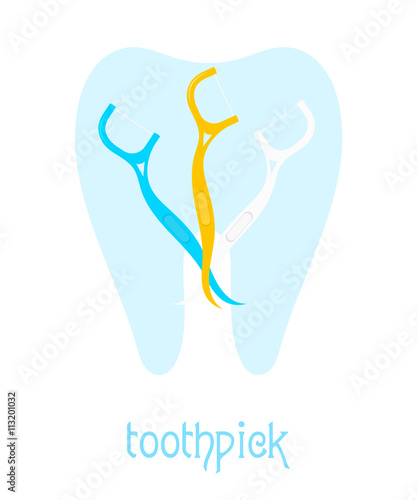 Set toothpicks against the blue tooth. Vector set of colored den