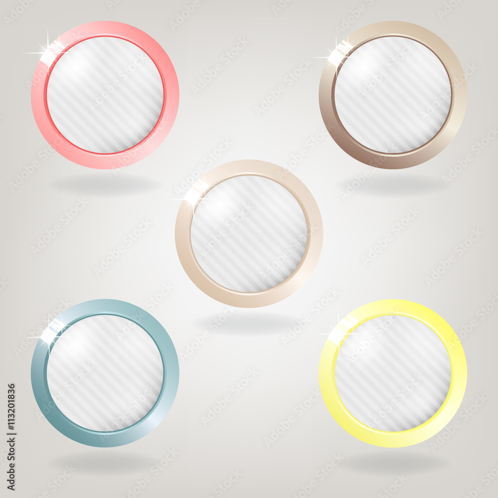 Set of five light striped buttons on grey background. Set of five light striped buttons on grey background.