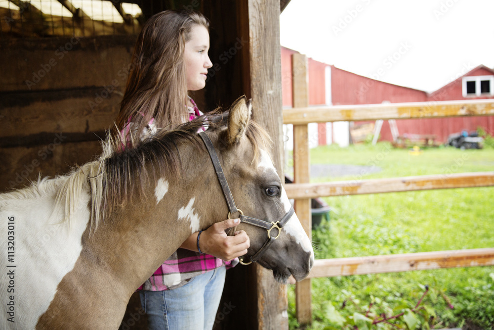 Side view of teenage girl standing with horse in a stable Stock Photo ...