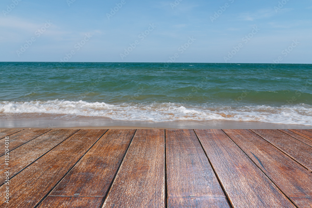 Summer sea sky and wooden desk with empty Summer sea sky and wooden desk with empty