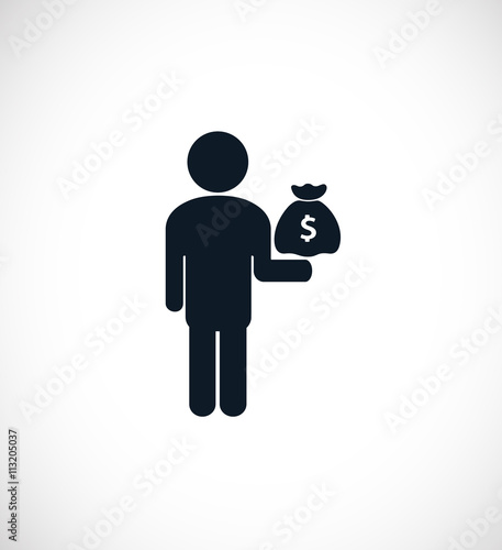 The icon of person pointing on money bag. Could be used as illustration for the  wide range of financial  operations.
