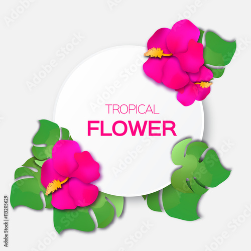 Fototapeta Naklejka Na Ścianę i Meble -  Beautiful greeting card with pink tropical flowers and circle frame. Hibiscus and palm leaves. Blossom flowers for invitation card. Exotic floral background. Vector design illustration.