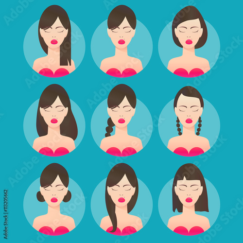 Women hairstyles. Avatar. Young brunette woman with various hair style. Different Beautiful portrait women. Set of round icons with women. Vector design illustrations.