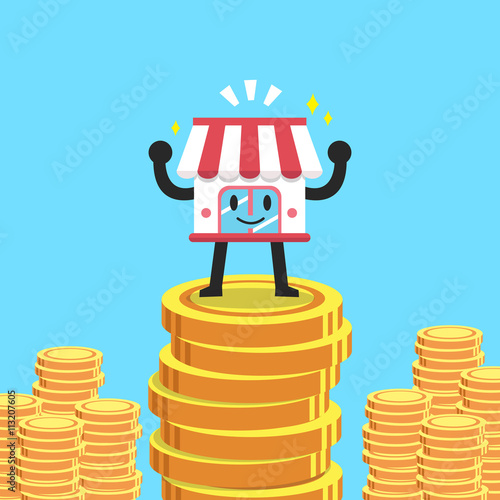 Cartoon business store character with money stacks