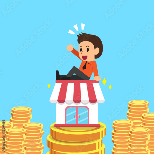 Cartoon businessman earning money with his business