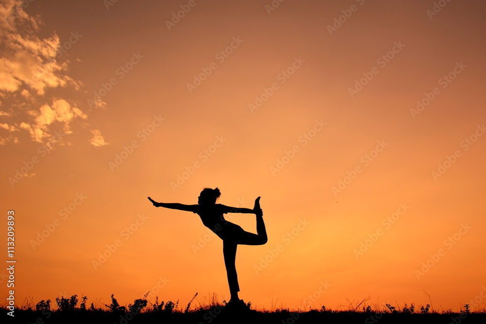 Silhouette women yoga at sky sunset Silhouette women yoga at sky sunset