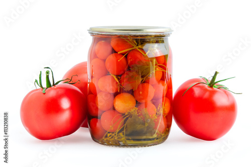 Pickled and fresh tomatoes isolated on white background