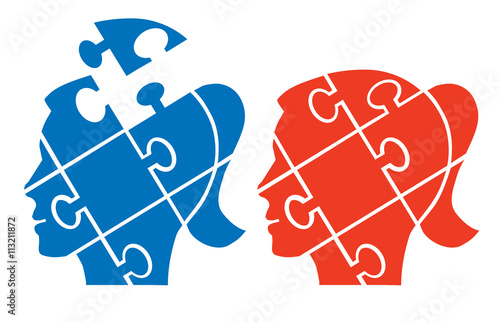 Woman head puzzle. 
Two Puzzle female heads silhouettes symbolizing psychology, psychological problems. Vector available.
