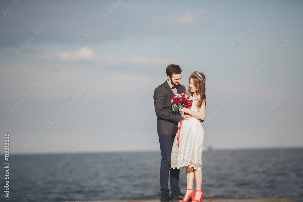 Married wedding couple standing on a wharf over the sea