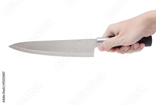 Фотография Hand is holding a kitchen knife isolated on a white background