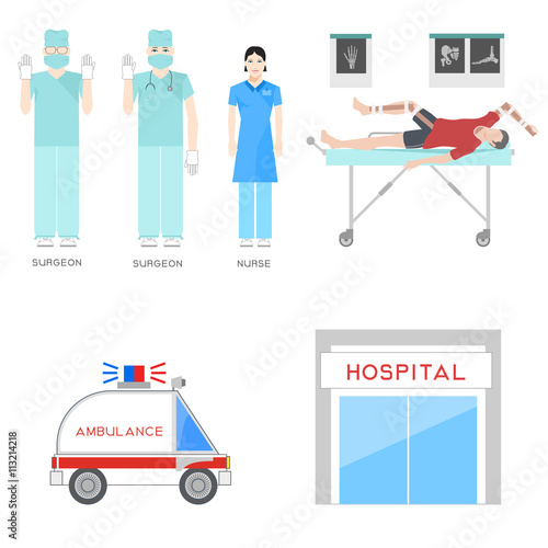 Emergency medical service. Staff of hospital. The patient lies on a stretcher with an injury.