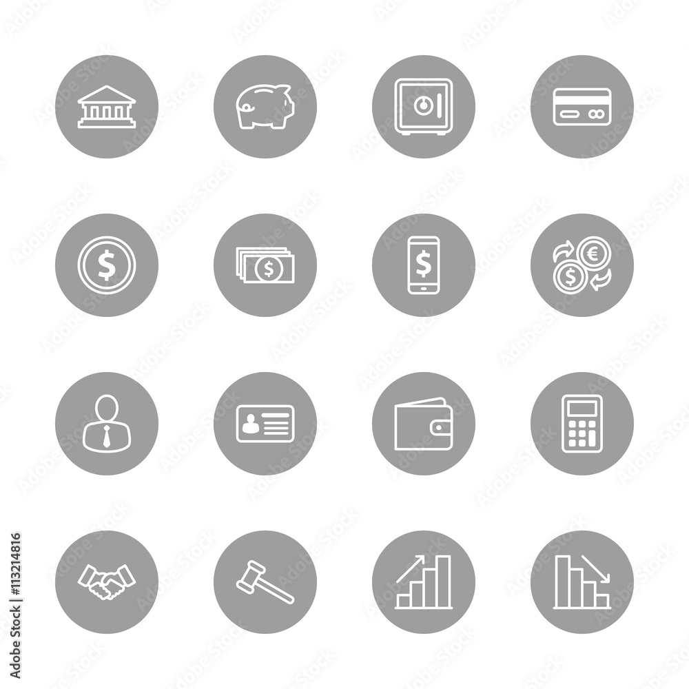 line business commercial and finance icon set on gray circle for web design, user interface (UI), infographic and mobile application (apps)