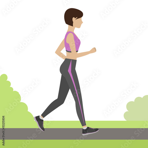 Jogging girl outdoor. Woman running in the park. Physical training for losing weight, reduction in fat mass. Vector.