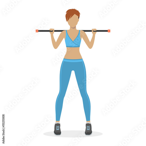 Girl with a body bar on a white background. Physical training for losing weight, reduction in fat mass. Vector.