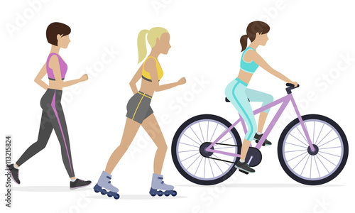 Set of outdoor workouts. Jogging, roller skating, cycling. Physical training for losing weight, reduction in fat mass. Vector.