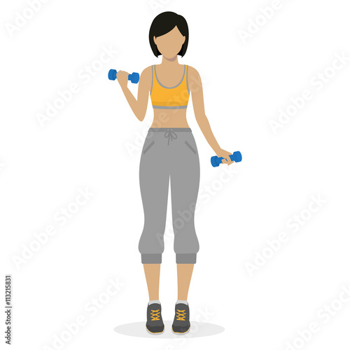 Fitness girl working out with dumbbells at the gym. Physical training for losing weight, reduction in fat mass. Vector.