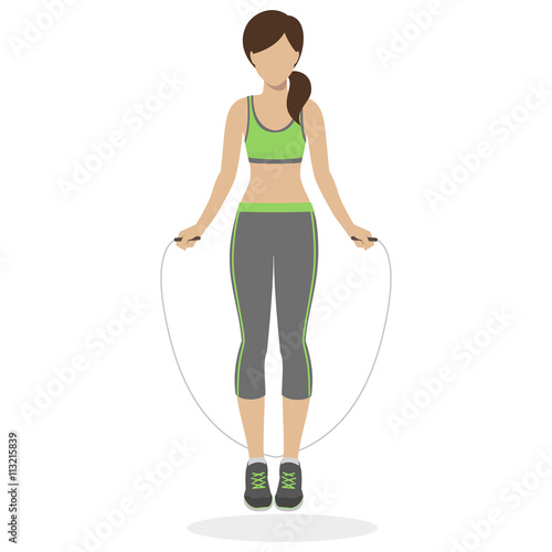 Fitness girl working out with skipping rope at the gym. Physical training for losing weight, reduction in fat mass. Vector.