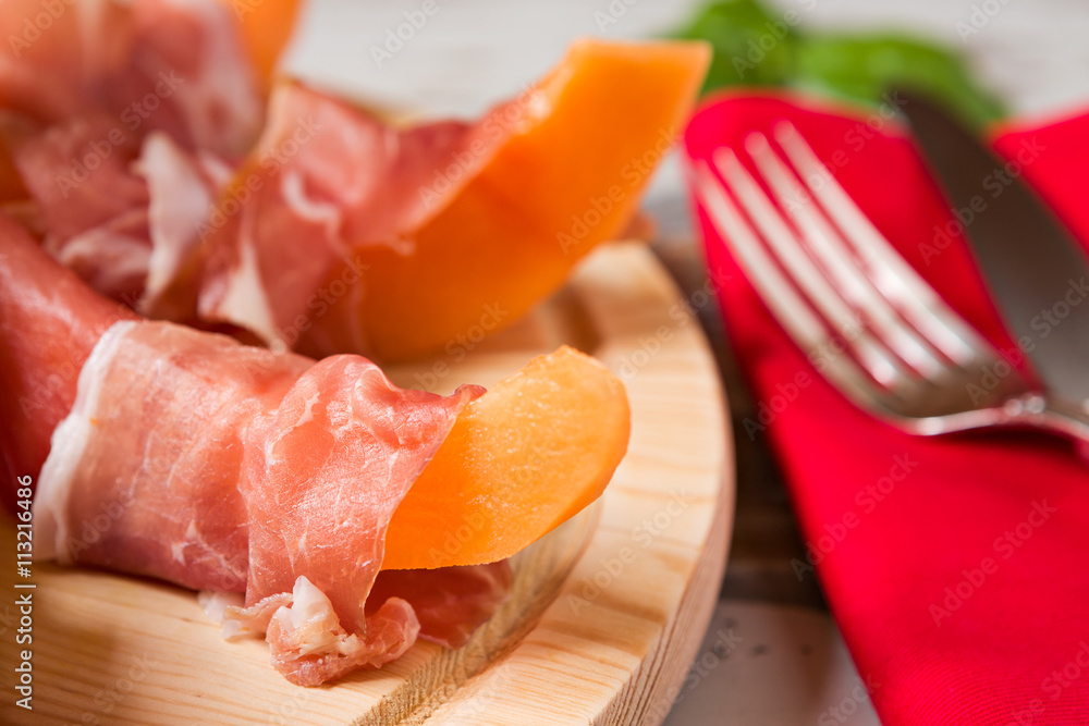 Close up of prosciutto and melon Italian appetizer Close up of prosciutto and melon Italian appetizer