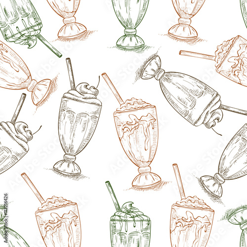 Seamless pattern scetch of three types milkshake