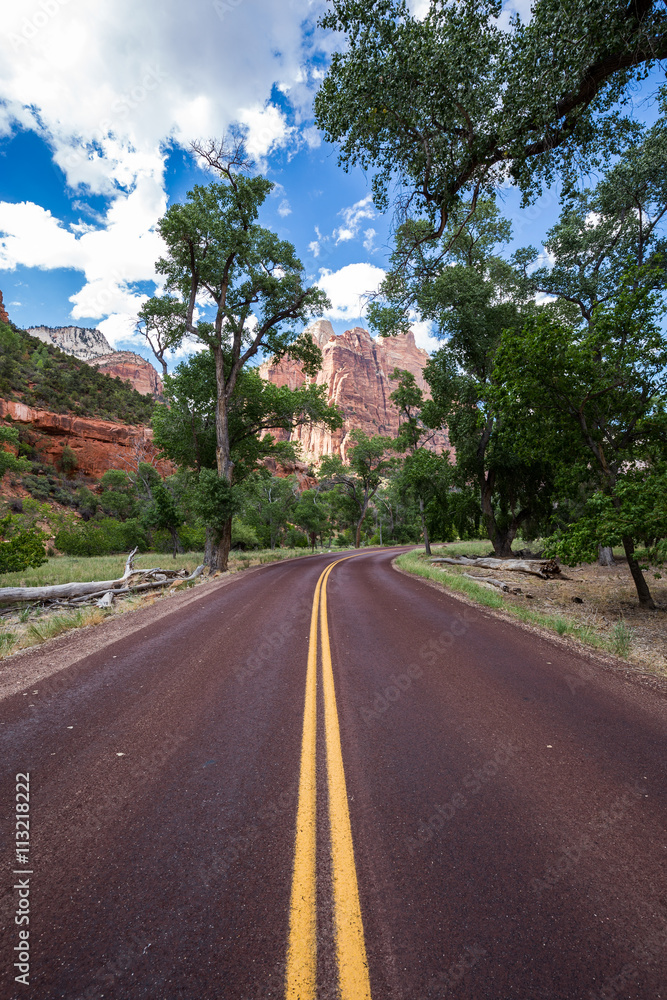 Typical red road in Zion National Park, Utah, USA