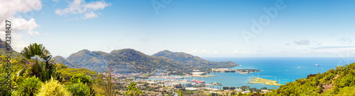 Aerial Panoramic view of port an down town Victoria, Mahe, capital of Seychelles © 18042011