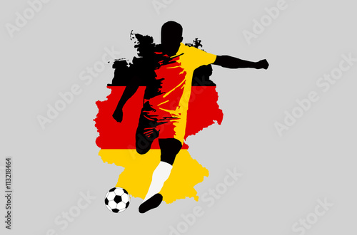 UEFA Euro 2016 vector illustration of football player run hit ball. Group C participant. Soccer team player in uniform with state national flag of Germany original colors. Germany map clip art