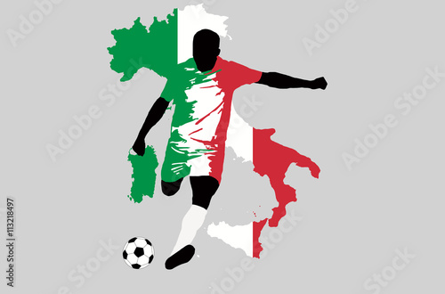 UEFA Euro 2016 vector illustration of football player run hit ball. Group E participant. Soccer team player in uniform with state national flag of Italy original colors. Italy map graphic clip art