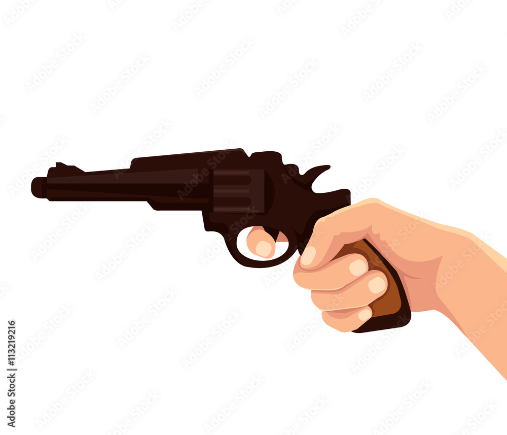 Hand hold gun. Isolated hand with gun. Vector flat cartoon illustration ...