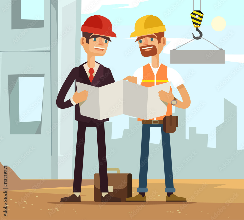 Two builders. Builder and engineer. Builders read plan. Building houses. Vector flat cartoon illustration Two builders. Builder and engineer. Builders read plan. Building houses. Vector flat cartoon illustration