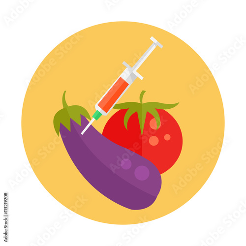 GMO cartoon illustration icon. Vegetables with syringe. Vector flat cartoon icon illustration