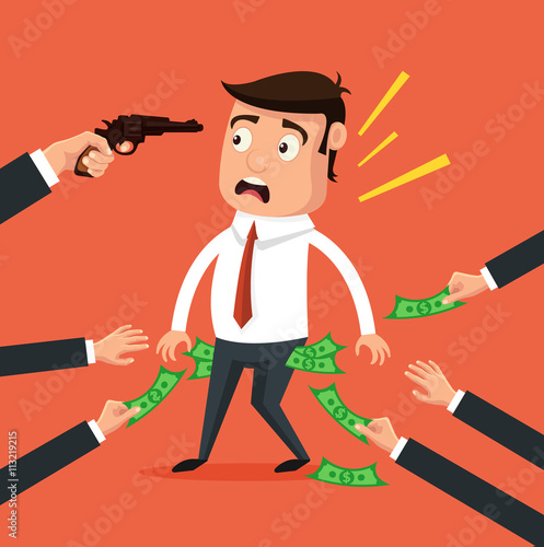 Office worker get robbery. Hands steal money. Vector flat cartoon illustration
