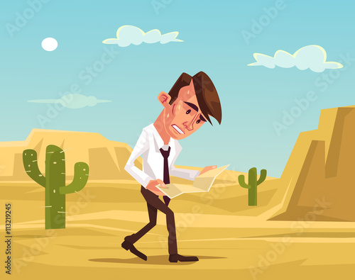 Man lost. Businessman lost in desert. Man trying survive. Lost man hold map. Vector flat cartoon illustration