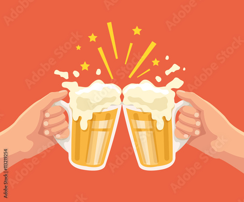 Toast with beer. Two hands. Toast with two hand with beer. Mug of beer. Vector flat cartoon illustration