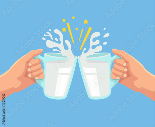 Toast with milk. Two hands. Toast with two hand with milk. Mug of milk. Vector flat cartoon illustration